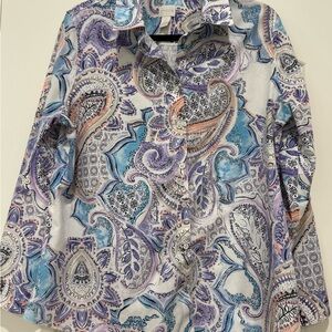 Ladies Chicos Purple Paisley Non-Iron Button Down Shirt Size 2
